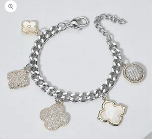 14K Gold Plated Mother of Pearl Quatrefoil Charm Bracelet thumbnail 1