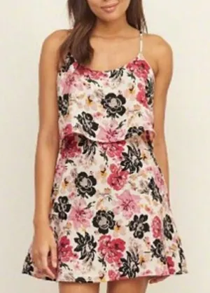 Abercrombie Fitch Womens M Pink Black Floral Popover Mini Dress‎ Cream thumbnail 1