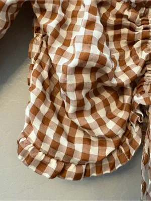 Indigo Rising brown white gingham plaid tie front ruffled crop top medium thumbnail 5