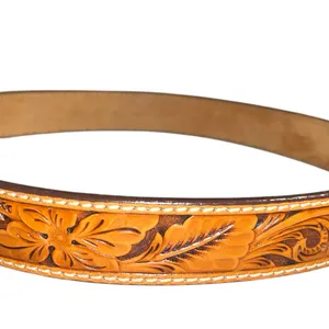 Tony Lama tan leather tooled belt with silver etched design buckle! New!!! thumbnail 4