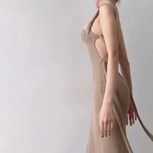 Ribbed Knit Maxi Dress Women Medium Tan Excellent‎ Open Back Bodycon Tie Detail thumbnail 2