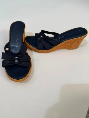 Italian Shoemakers Women's Navy Blue Bow Detail Wedge Sandals Slide-on Size 10W thumbnail 2