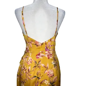 NWOT Express Satin Mustard Yellow Floral Bird Twist Front Tulip Midi Dress Small thumbnail 8