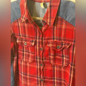 Free People Runaway Plaid & Denim Mixed Media High Low Button Down Shirt M thumbnail 9