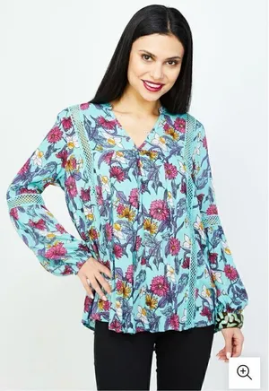 RD + Koko Anthropologie Blue Long Sleeved Teal Floral Printed Top” thumbnail 1