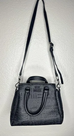 Steve Madden Satchel Bag Womens Small Black Logo Faux Leather Top Handle Zip thumbnail 1