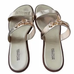 Michael Kors Gold Metallic Leather Logo Slide Sandals Size 8M thumbnail 4