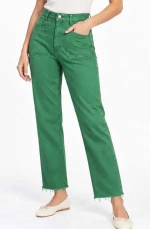 Zara Womens Green Straight Leg Cropped Pants Size 4 Raw Hem Patch Pocket Utility thumbnail 1