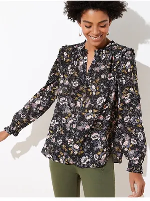 Loft Black and White Floral Ruffle Key Hole long sleeve pullover top size small thumbnail 2