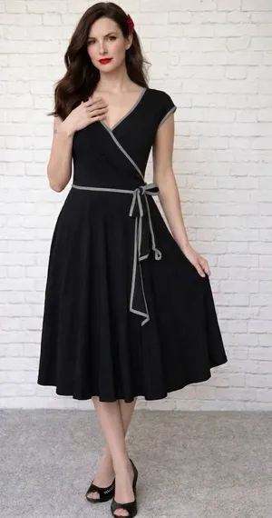 CHERISH Black Dress Womens Small 50s Retro Rockabilly Pinup Wrap Swing Midi Trim thumbnail 1