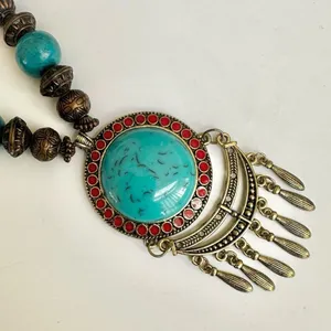 Turquoise blue and brown boho pendant necklace thumbnail 11