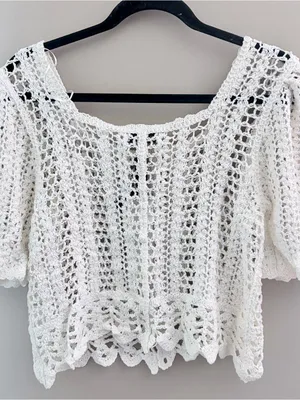 Wild Flower Cream Crochet Short Sleeve Button Front Top Cardigan S/M NWT Boho thumbnail 4