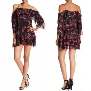 Alice + Olivia Black Floral Silk‎ Chiffon Lexis Sakura Mini Dress Off Shoulder 6 thumbnail 2