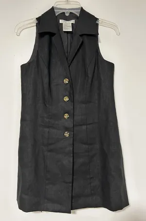 Plaza South Petite Black 100% Linen Sleeveless Button Front Collared Dress 6P thumbnail 1
