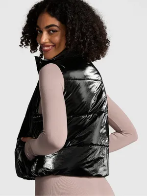 PINK Victoria's Secret Black Shiny Quilted Puffer Vest thumbnail 2