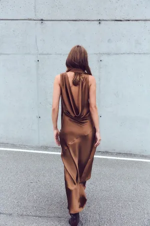 Zara dress gown maxi halter scarf satin plunge neck Brown Evening Wedding thumbnail 8