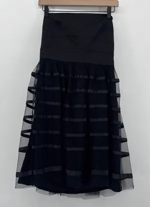 Vera Wang Black Illusion Stripe Strapless Tulle Ribbon‎ Cocktail Midi Dress SZ 6 thumbnail 1