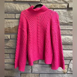 Free People Mock Neck Bell Sleeve Sweater Hot Pink XL thumbnail 3