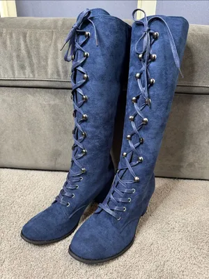 Tall Blue Faux Suede Lace-Up Women’s Boots Size 7 (38) NEW thumbnail 1