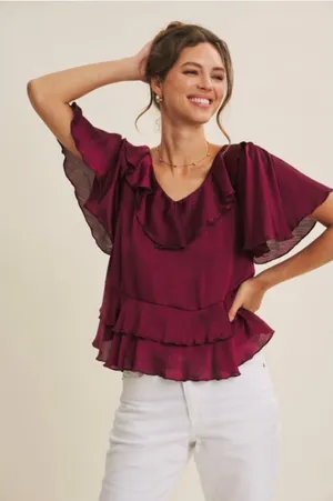 in february Burgundy Crinkled Ruffle V-Neck Flutter Sleeve Tiered Peplum Blouse thumbnail 1