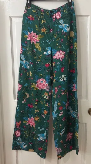 Maeve Anthropologie Wide Leg Pants 0 Green Floral Bird Print Boho Tropical thumbnail 1