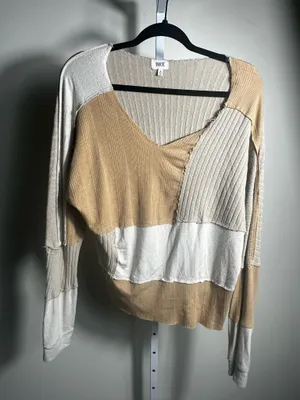 S245. BKE Y2K Patchwork Colorblock Raw Seam V Neck Long Sleeve Top L thumbnail 1