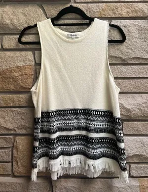 Madewell Villagrove Sweater Tank in Bright Ivory Large Aztec boho fringe thumbnail 3
