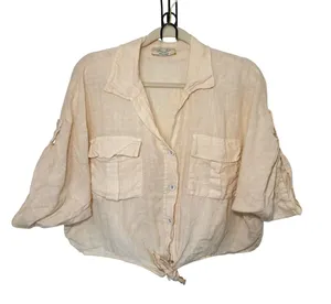 Purr Lino Cream Linen Tie Front Crop Shirt Lagenlook Quiet Luxury Utility Wear thumbnail 1