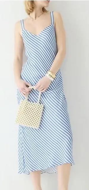 J. Crew Gwyneth Slip Midi Dress Women's 2 Cupro Blend Blue White Striped V-Neck thumbnail 1