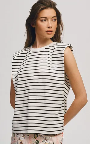 MAEVE Anthropologie Black and White striped Boxy Muscle Tee small NEW thumbnail 1