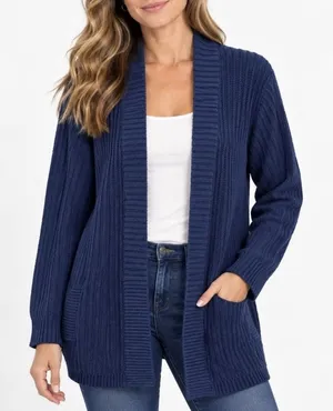 LL Bean Navy Blue Shaker Stitch Cotton Open Cardigan Sweater Pockets Size XL thumbnail 1