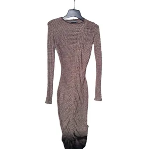 PrettyLittleThing NWT 59O Chocolate Textured Ruched Long‎ Sleeve Midi Dress Sz 4 thumbnail 4