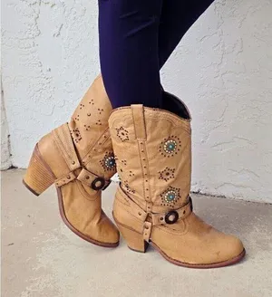Dingo Addie Women’s Harness Boots Mid-Calf Rhinestone Western Rodeo Cowgirl Tan thumbnail 1