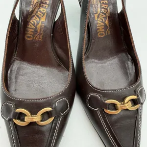 Salvatore Ferragamo Acribia Slingback Kitten Heels Chocolate Brown Gold 7.5 thumbnail 7