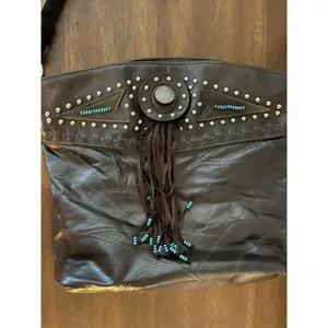 Brown leather BOHO Southwest fringe bag purse studded Turquoise Accent Aztec thumbnail 3