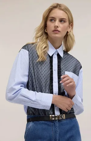 Liz & Co Lizette Collection Button-Front collared Mixed-Panel Chevron/Herringbone Shirt M thumbnail 1