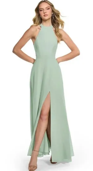 Azazie Clarice A-Line Halter Chiffon Dress in‎ Agave green size 6 bridesmaid thumbnail 1
