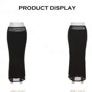 Black Minimalist Y2K Mesh Stretchy Flowy Elastic High Waisted Long Maxi Skirt thumbnail 4