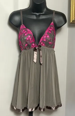 Carrie Amber Large Gray & Fuchsia Lace Babydoll Chemise Lingerie thumbnail 1
