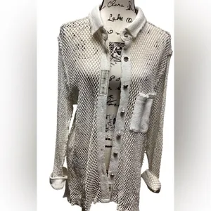 Pol open crochet Button down boho shacket Antique white. Size Medium thumbnail 8
