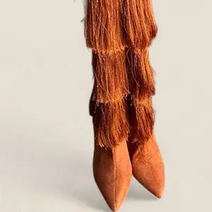 Source Unknown long fringe festival Women's Orange Brown knee high Boots size 7 thumbnail 3