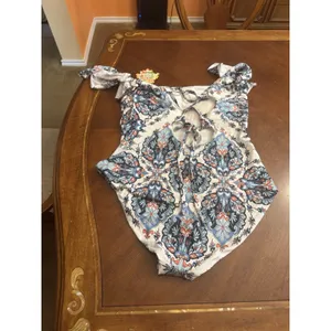 New Becca Floral One Piece Swimsuit Womens 2X Off Shoulder Ruffle Blue White thumbnail 4