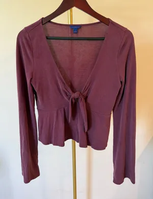 Aeropostale Baby Doll top Women Large Burgundy Bell Sleeve peplum Tie-Front Y2K thumbnail 1