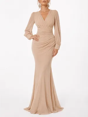 Faeriesty Champagne Ruched V Neck Long Sleeve Mermaid Formal Gown Size XL thumbnail 5