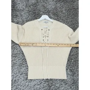 Madewell Lace Up Front Chunky Knit Sweater Cream Beige Long Sleeve Preppy Size S thumbnail 9