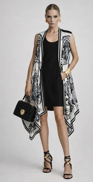 DKNY silk black & white floral & leopard print open front vest cardigan M/L thumbnail 1