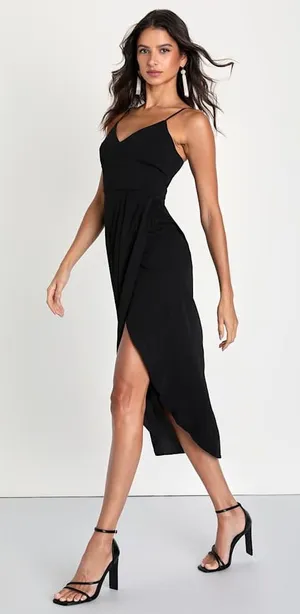 Lulu's Black Spaghetti Strap Wrap Midi Dress thumbnail 1