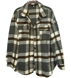 Nowrain Plaid‎ Shacket Jacket Large Cozy Neutral Flannel Layer Brown thumbnail 1