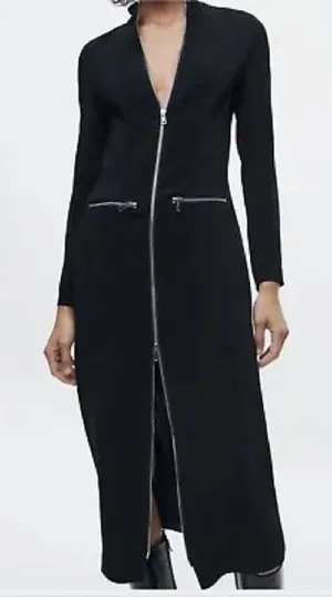 Nwt $139 Zara Zipper Midi Dress Zw Collection Black, Us Size L thumbnail 1