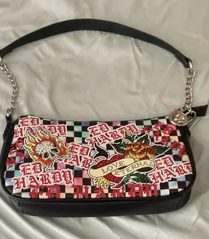 Ed Hardy Black Multicolor Tattoo-Print Shoulder Bag with Chain Accent thumbnail 1